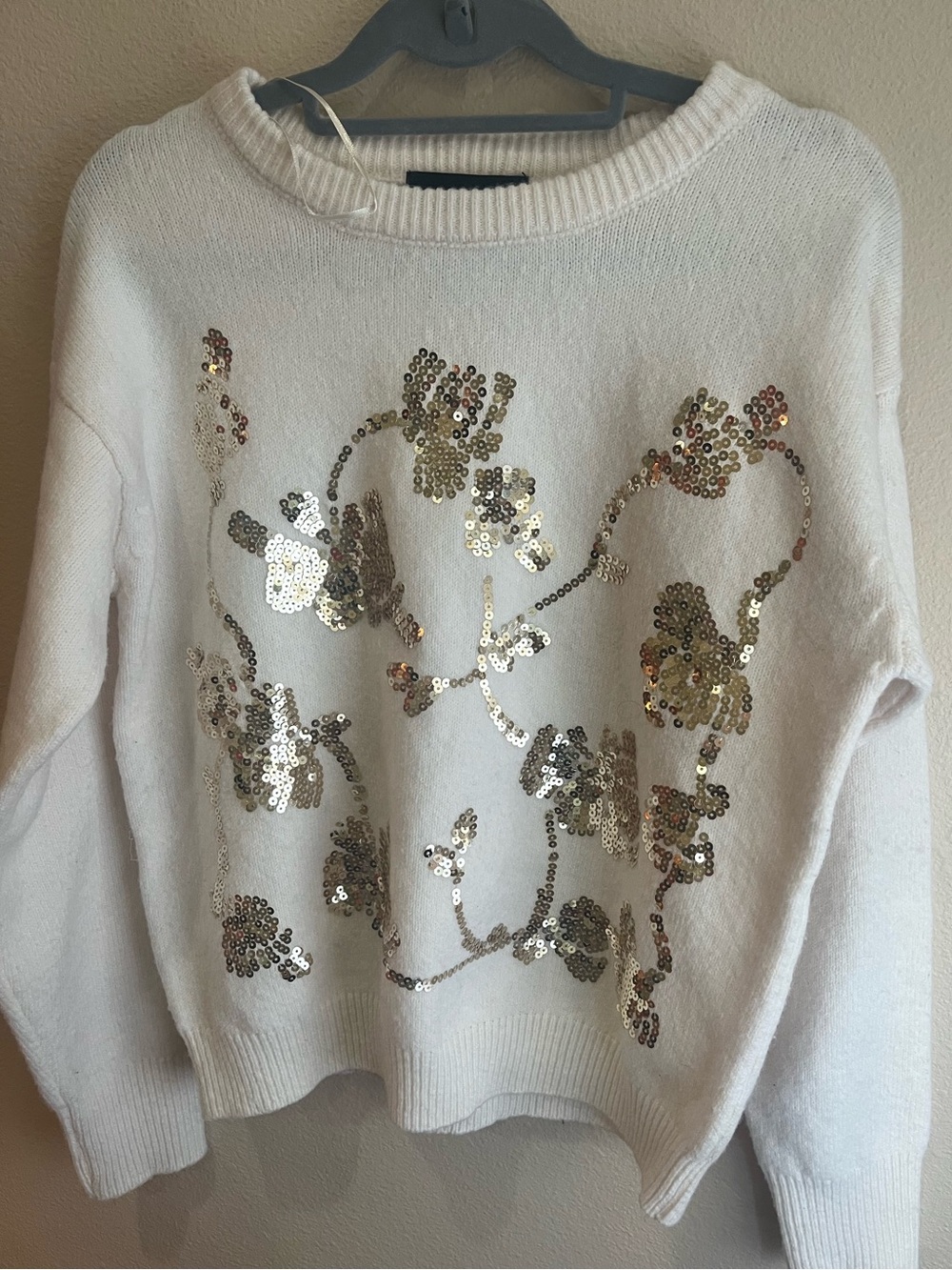 White Sequin Floral Knit Sweater - Women